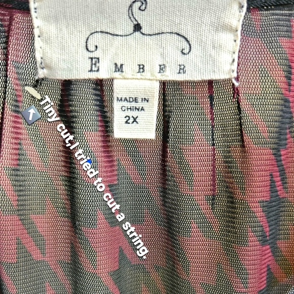 EMBER Plus Size Women's Burgundy Black Sheer Houndstooth Print Tie Front Blouse - Picture 4 of 13